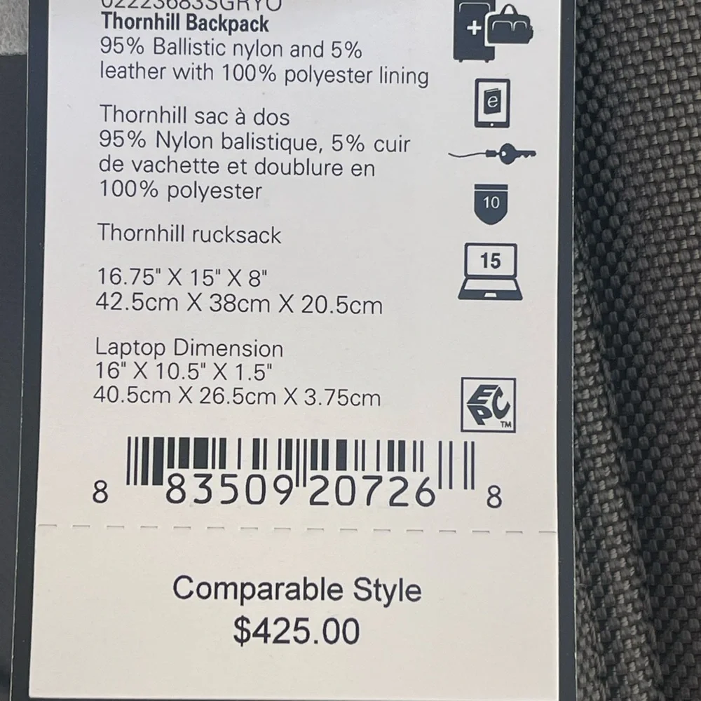 Tumi Fremont THORNHILL 16.75” Ballistic Nylon Backpack Gray NEW $425